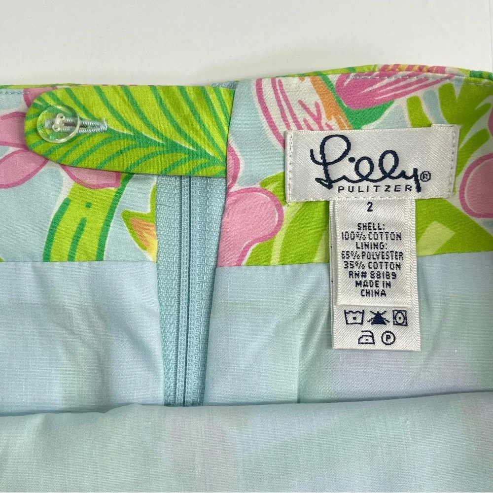 LILLY PULITZER Skirt Botanical Print Green Yellow Pink Scalloped Hem Size 2 - Picture 6 of 10